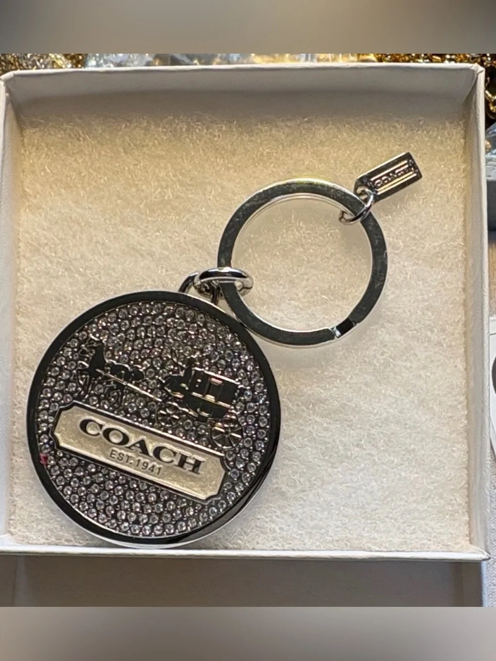Coach Silver Crystal Round Keychain Key & Card Holder Charm